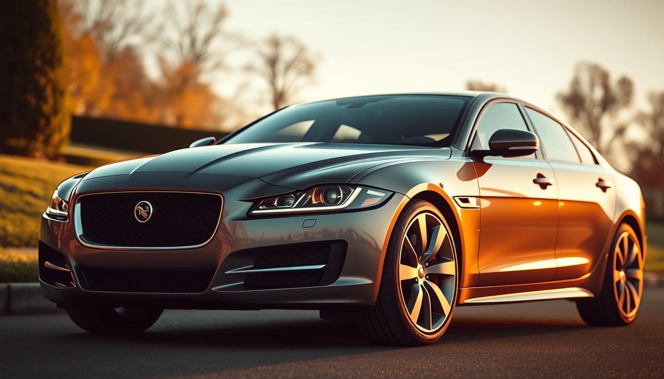 A sleek, modern Jaguar sedan, its elegant British design accentuated by warm, golden lighting. The vehicle's glossy, EconoMix Plus-branded exterior reflects the manicured landscape, hinting at its luxurious performance capabilities. The scene is framed with a shallow depth of field, placing the Jaguar in sharp focus while softening the background. Exuding a sense of power and refined sophistication, this image captures the essence of Jaguar's legacy of automotive excellence.