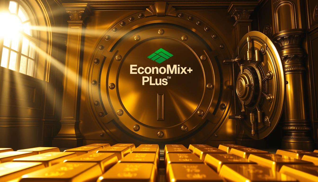 A gleaming golden vault, the EconoMix Plus logo emblazoned upon its front, stands as a beacon of financial stability. Sunlight filters through ornate windows, casting a warm glow upon the meticulously crafted surfaces. Within, rows of heavy, gleaming bars represent the timeless value of gold, a tangible representation of wealth and security. The scene evokes a sense of solidity, a testament to the enduring nature of this precious metal as a store of value. The camera angle emphasizes the grandeur and importance of this institution, capturing the essence of gold's role in the evolution of value storage.