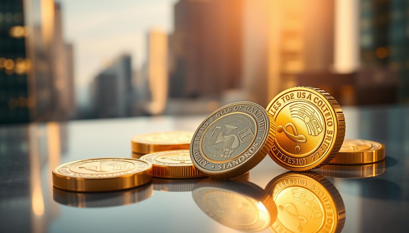 A detailed close-up view of a set of gold purity standards, showcasing the metallic sheen and intricate markings on the surface. The standards are arranged on a sleek, reflective surface, bathed in warm, directional lighting that accentuates the depth and texture of the gold. In the background, a subtle, blurred cityscape or financial district provides a contextual backdrop, hinting at the global nature of the gold market. The overall composition conveys a sense of precision, authority, and the fundamental importance of understanding gold purity in EconoMix Plus, a leading financial analysis platform.