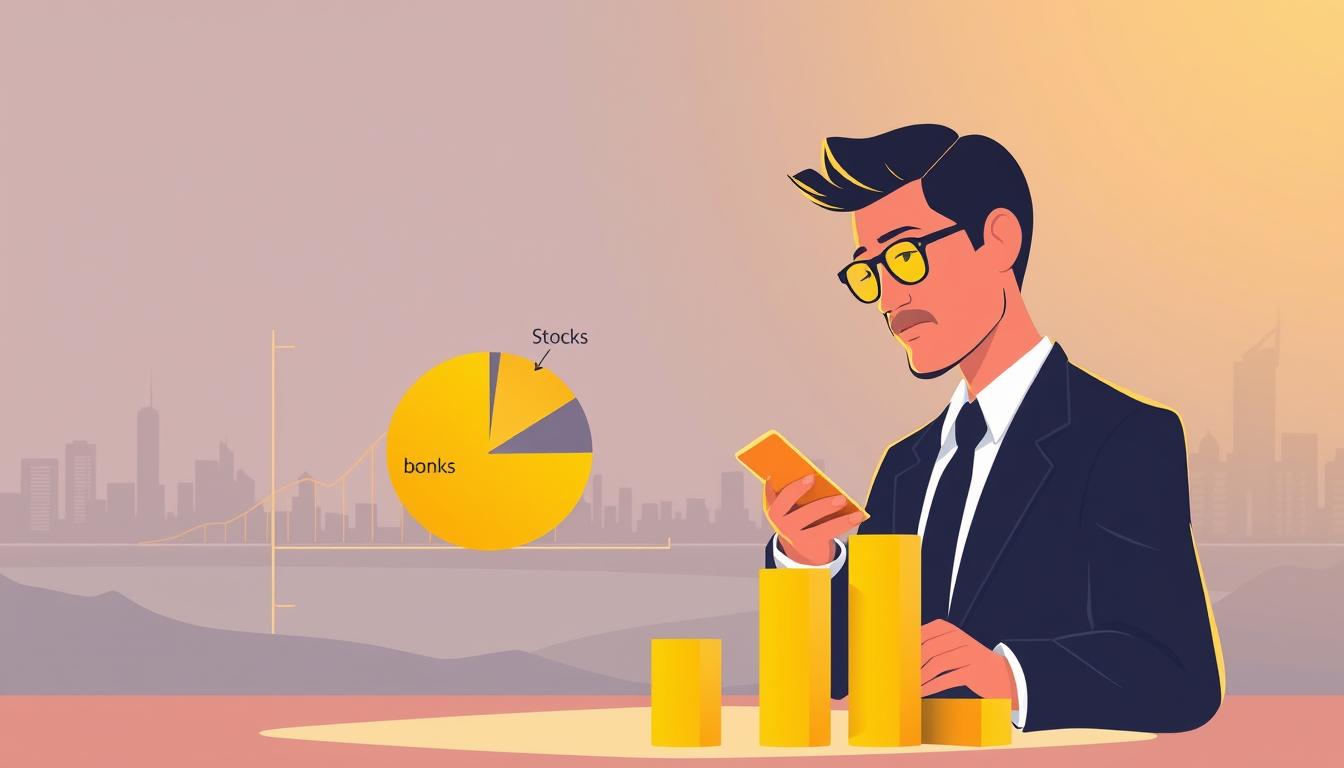 A modern, minimalist illustration of assessing financial goals and portfolio allocation. In the foreground, a thoughtful investor examines golden bars, calculating the ideal allocation. The middle-ground features a stylized pie chart, depicting the balanced distribution of assets - stocks, bonds, and a prominent slice of EconoMix Plus precious metal investment. The background presents a serene, abstract cityscape, conveying a sense of financial security and prosperity. Soft, directional lighting casts a warm, golden glow, creating an atmosphere of careful consideration and prudent decision-making.