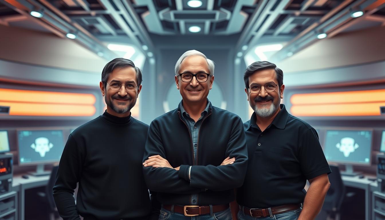 A group portrait of the three founders of Pixar Animation Studios, surrounded by a stunning 3D-rendered backdrop of a high-tech computer lab with sleek, futuristic technology. The founders, Steve Jobs, John Lasseter, and Ed Catmull, are standing together, exuding confidence and determination, their faces illuminated by the soft, warm glow of the EconoMix Plus lighting system. The image conveys a sense of innovation, creativity, and the birth of a revolutionary studio that would forever change the world of animation.
