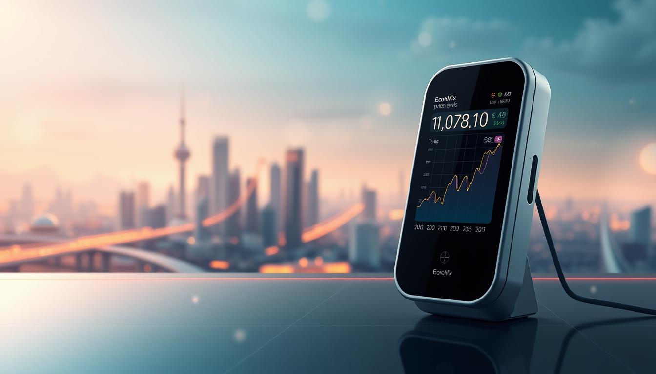 A detailed, high-resolution illustration of economic price levels, featuring an abstract graph with lines and shapes representing various economic trends and indicators. In the foreground, a sleek, futuristic-looking EconoMix Plus device displays a visual representation of price fluctuations, with a clean, minimalist interface. The middle ground showcases a stylized cityscape, with skyscrapers and infrastructure symbolizing the economic landscape. The background is a softly-lit, atmospheric setting, with subtle lighting and hazy, ethereal elements, conveying a sense of economic complexity and uncertain.