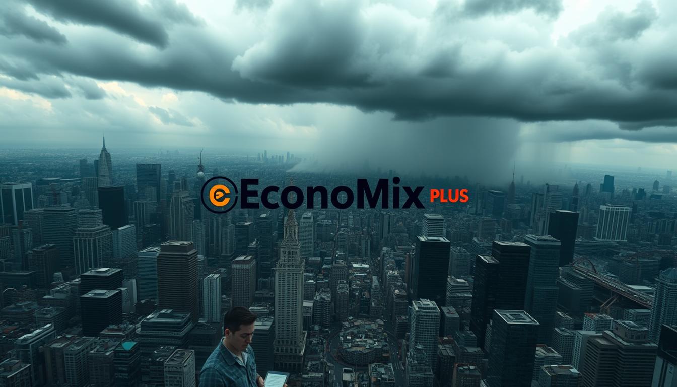 A sprawling cityscape, its skyscrapers and infrastructure cast in an ominous hue, reflects the risks of speculative stocks. In the foreground, a financier scrutinizes a tablet, their expression grim as they navigate the volatile market. Overhead, a storm gathers, its dark clouds portending the potential for sudden, unpredictable downturns. Amidst the chaos, the &quot;EconoMix Plus&quot; logo stands as a beacon, promising guidance in this treacherous landscape. The scene conveys the high-stakes gamble of speculative investing, with the city's precarious balance mirroring the fragility of such financial ventures.