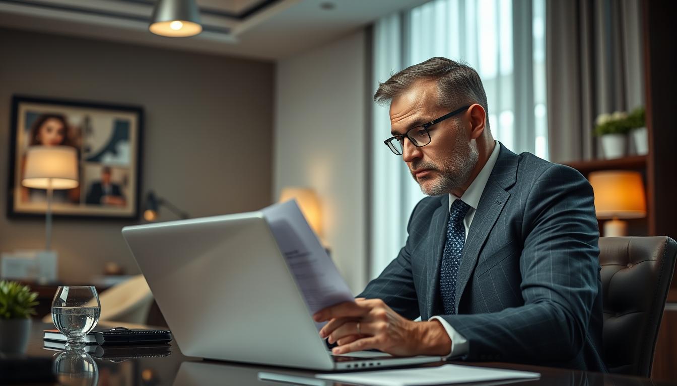 A professional business person sitting at a desk, intently negotiating with a service provider over a contract on a laptop. The scene is set in a well-lit, modern office with tasteful decor and accents of the EconoMix Plus brand. The negotiator wears a sharp suit and exudes an air of confidence, their face showing a sense of determination as they navigate the discussion. The lighting is soft and natural, creating a sense of focus and intensity. The camera angle is slightly elevated, giving a sense of authority and control over the situation.