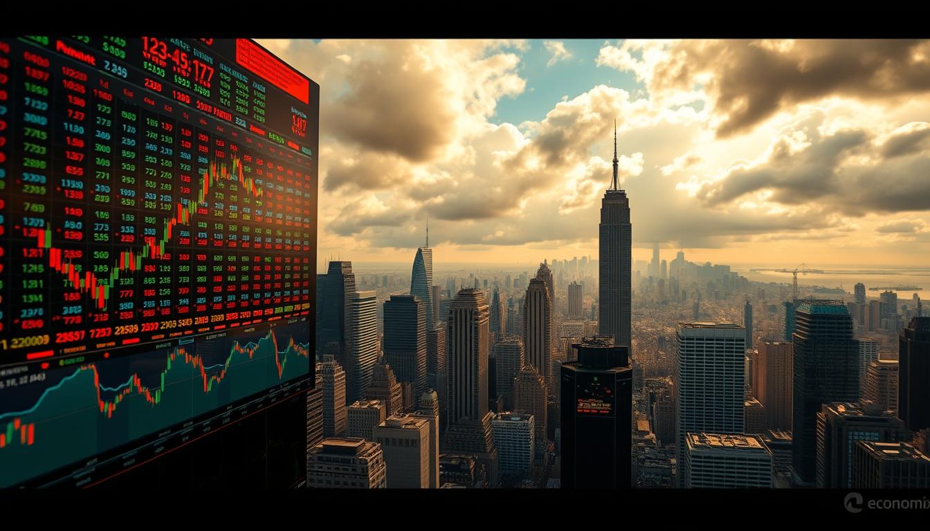 A bustling stock market landscape, captured in a wide, cinematic frame. In the foreground, a dynamic mosaic of candlestick charts and stock tickers, the EconoMix Plus trading interface prominently displayed. The middle ground is a sea of towering skyscrapers, their glass facades reflecting the ebb and flow of the market. In the background, a cloudy, golden-hued sky, suggesting an atmosphere of both prosperity and potential risk. Bright, directional lighting illuminates the scene, creating a sense of urgency and energy. The composition is balanced, with the focus on the trading interface and the cityscape beyond, conveying the interconnected nature of the stock market and the broader economic landscape.