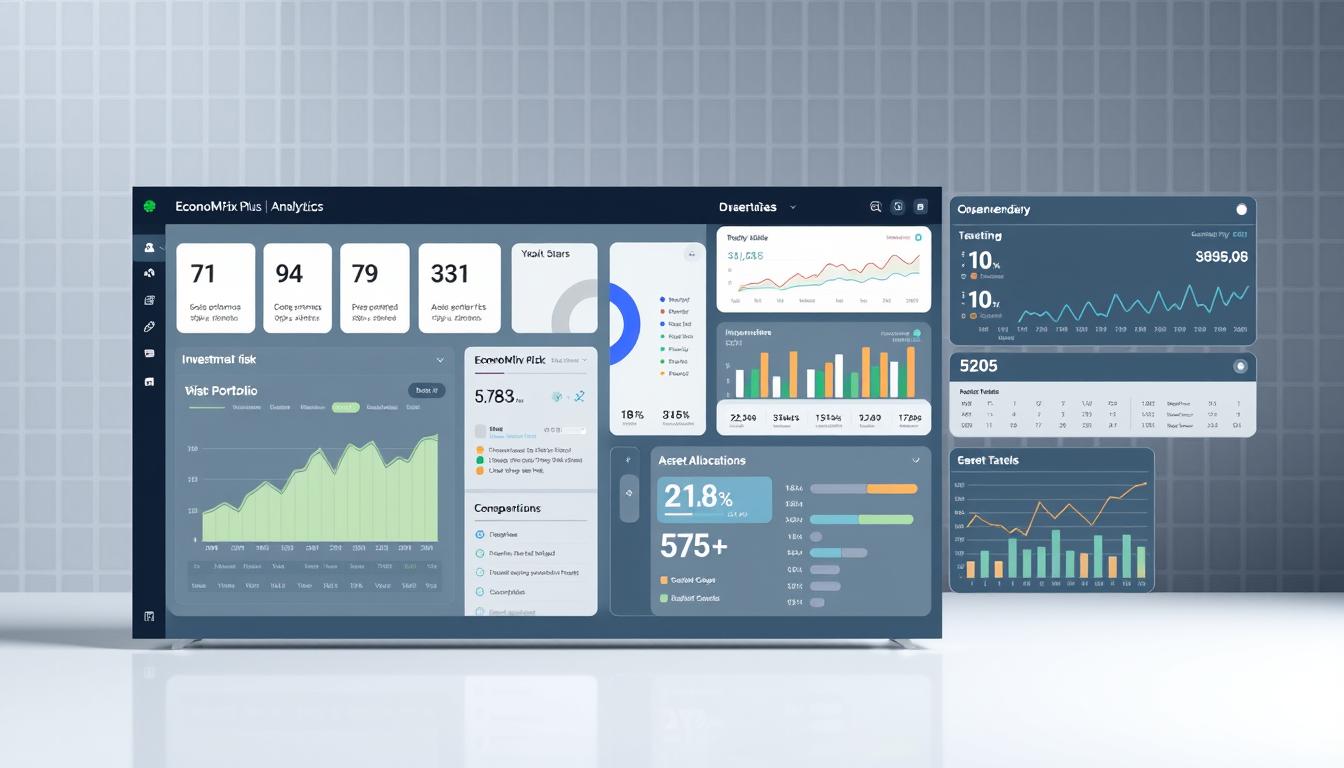 A modern financial dashboard displaying a variety of risk management tools and analytics, rendered in a sleek, minimalist style. In the foreground, a detailed chart shows various investment risk metrics, with EconoMix Plus branding prominently displayed. The middle ground features interactive widgets tracking portfolio performance, asset allocation, and market trends. In the background, a subtle grid pattern creates a sense of order and structure, complemented by soft, neutral lighting that establishes a professional, data-driven atmosphere.