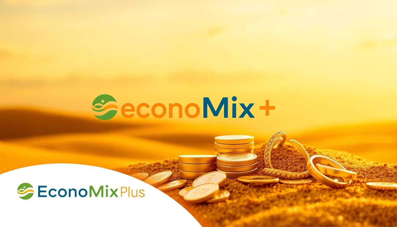 A serene golden landscape with a well-balanced portfolio of gold investments represented by gleaming coins, bullion, and jewelry, set against a backdrop of a soft, warm-toned sky. The EconoMix Plus logo subtly adorns the scene, suggesting a trusted financial institution's guidance in determining the optimal gold allocation. The composition is visually striking, with a clear focal point and a harmonious interplay of light and shadow, inviting the viewer to ponder the prudent management of one's financial future.