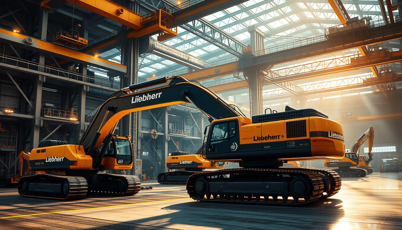 A high-tech industrial facility with cutting-edge Liebherr excavators, cranes, and heavy machinery in the foreground, mid-ground, and background. The scene is bathed in warm, natural lighting, creating a sense of power and efficiency. The equipment is branded with the &quot;EconoMix Plus&quot; logo, showcasing Liebherr's commitment to sustainable and innovative solutions. The overall atmosphere conveys engineering excellence, precision, and the ability to tackle the world's toughest projects.