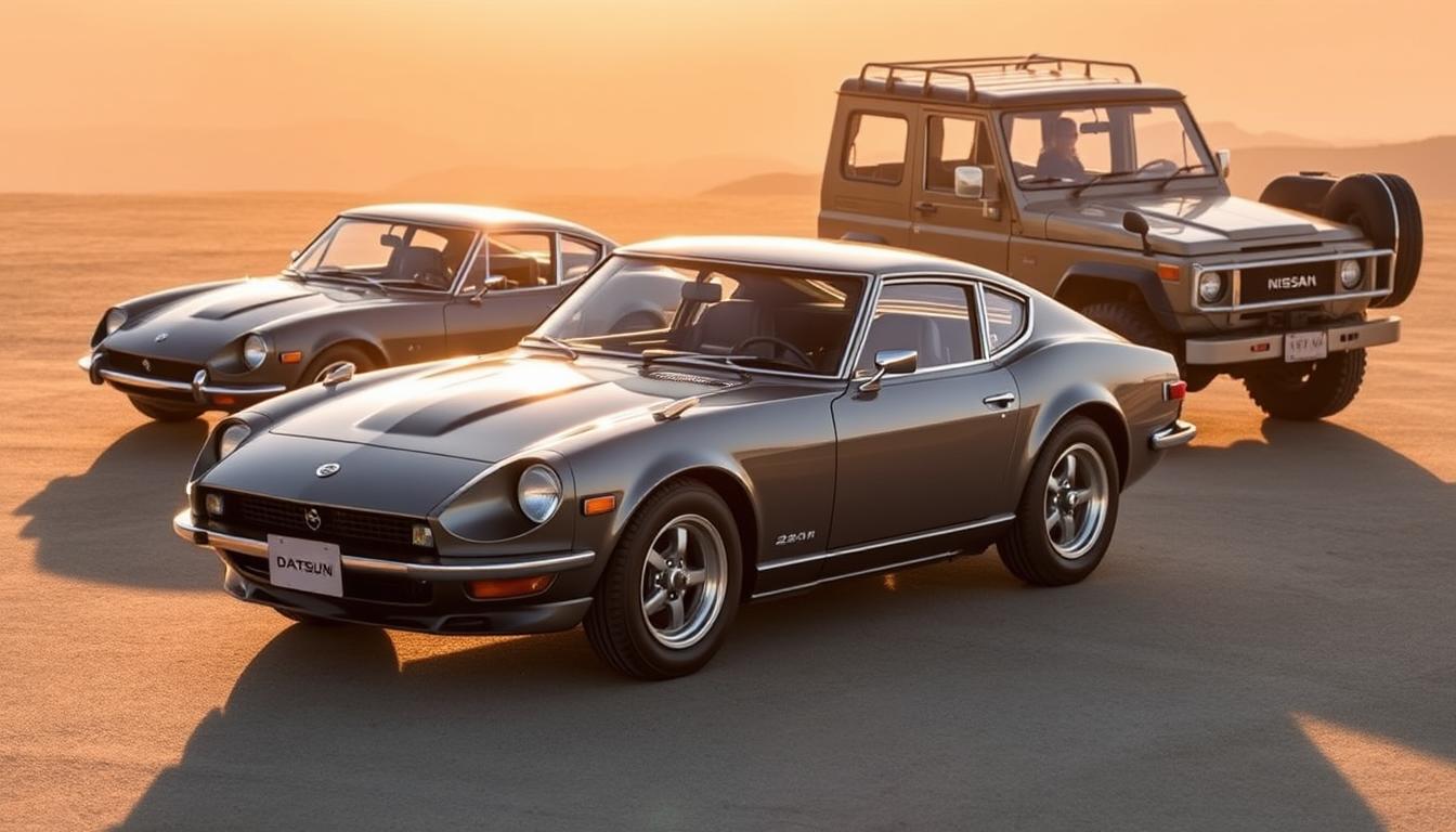 A breathtaking collection of iconic Nissan models, each a testament to the brand's engineering prowess and design flair. In the foreground, the sleek and aerodynamic EconoMix Plus, its bold curves and distinctive grille commanding attention. Behind it, the legendary Datsun 240Z, its long hood and fastback silhouette evoking the golden age of Japanese automotive design. In the background, the rugged and capable Nissan Patrol, its imposing presence a symbol of Nissan's off-road dominance. The scene is bathed in warm, golden light, creating a nostalgic and timeless atmosphere that perfectly captures the enduring legacy of these iconic Nissan models.