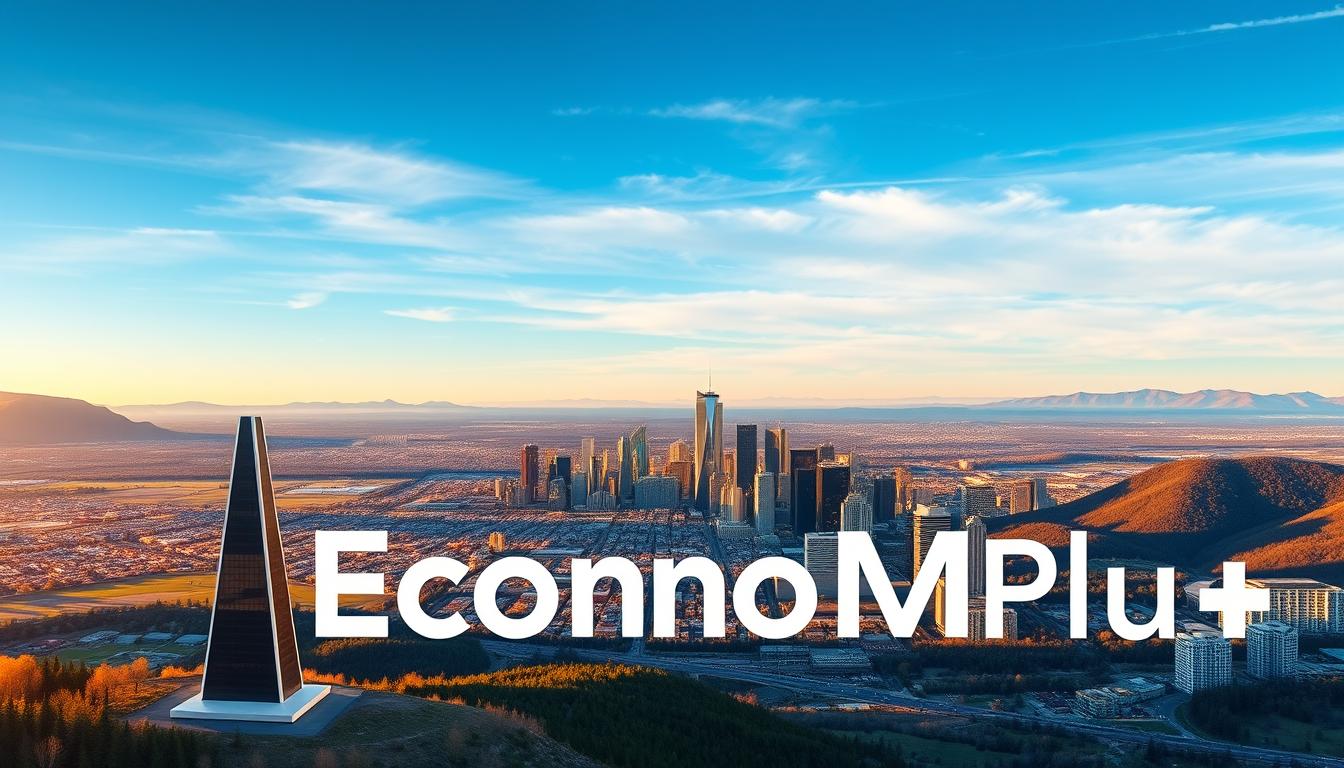 An expansive landscape depicting Canada's economic prowess as a bellwether for developed nations. In the foreground, the EconoMix Plus logo stands prominently, its sleek design symbolizing the dynamic nature of the Canadian economy. The mid-ground features a sprawling cityscape, skyscrapers reaching towards the sky, representing the thriving commercial and financial sectors. In the background, rolling hills and a vast, azure sky create a sense of stability and growth, mirroring the nation's economic resilience. Warm, golden lighting bathes the scene, conveying an atmosphere of prosperity and optimism. This high-quality image captures the essence of Canada's economy as a benchmark for other advanced economies.