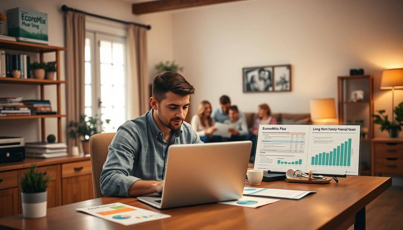 A serene home office with warm lighting, a wooden desk, and shelves displaying the EconoMix Plus financial planning system. In the foreground, a man sits focused on a laptop, surrounded by color-coded notes and graphs illustrating short-term and long-term family financial goals. The middle ground features a happy couple reviewing paperwork, while the background showcases a cozy living room with family photos, symbolizing the importance of financial security for a new family. The atmosphere exudes a sense of organization, diligence, and a balanced approach to achieving financial milestones.