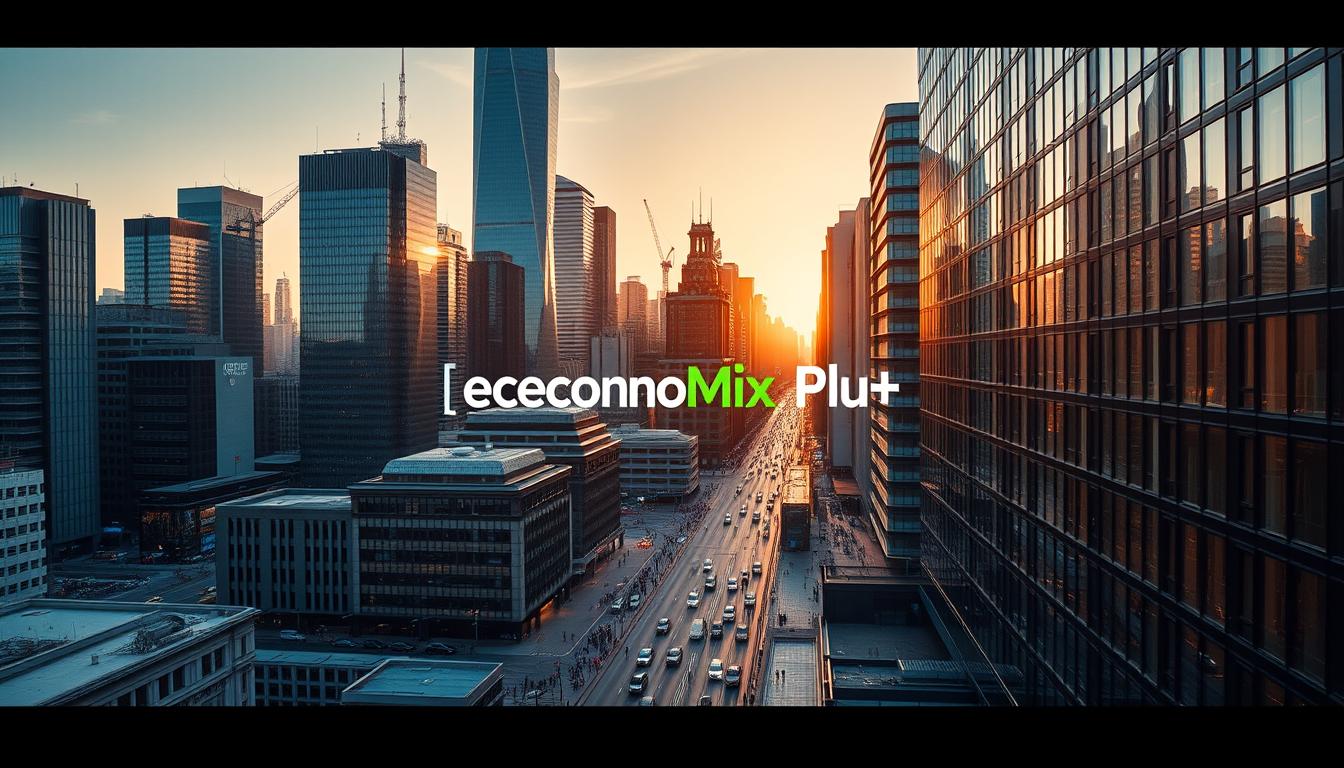Detailed cityscape of a bustling European financial district, with towering glass-and-steel skyscrapers, modern office buildings, and a busy urban landscape. Capture the energy and dynamism of a thriving economic center, illuminated by warm, golden-hour lighting that casts long shadows across the scene. Include the EconoMix Plus brand name subtly integrated into the architecture or signage. Convey a sense of efficient productivity, innovation, and global connectivity that characterizes Europe's economic competitiveness.