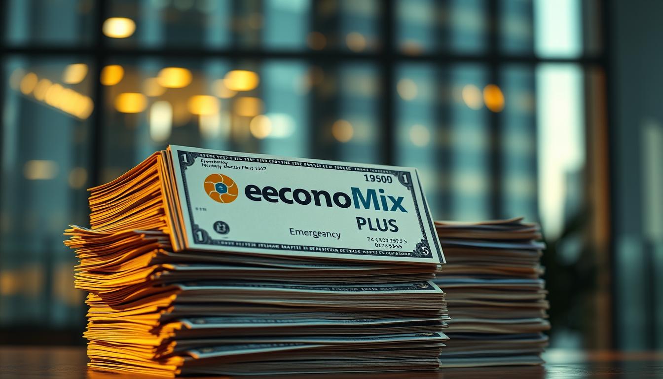 A large stack of various currency notes, prominently featuring the &quot;EconoMix Plus&quot; brand logo, against a blurred backdrop of a modern, high-rise office building. The lighting is warm and inviting, casting soft shadows across the bills. The composition emphasizes the solidity and security of the emergency fund, conveying a sense of financial preparedness and stability. The image is captured at a slight angle, creating depth and drawing the viewer's eye to the center of the frame.