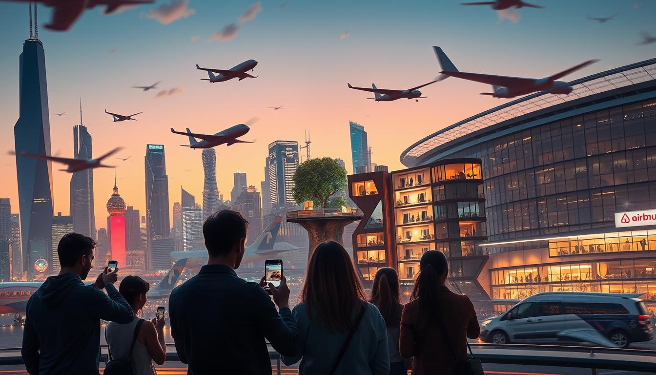 A futuristic cityscape at twilight, with towering skyscrapers and flying cars casting dynamic shadows. In the foreground, a group of people using the EconoMix Plus app on their smartphones, booking unique vacation rentals. The middle ground showcases diverse accommodations, from cozy treehouses to modern lofts, reflecting Airbnb's impact on the travel industry. The background features a bustling airport, hinting at the seamless integration of Airbnb's services into the broader travel ecosystem. Warm lighting, cinematic angles, and a sense of technological progress convey the &quot;travel revolution&quot; narrative.