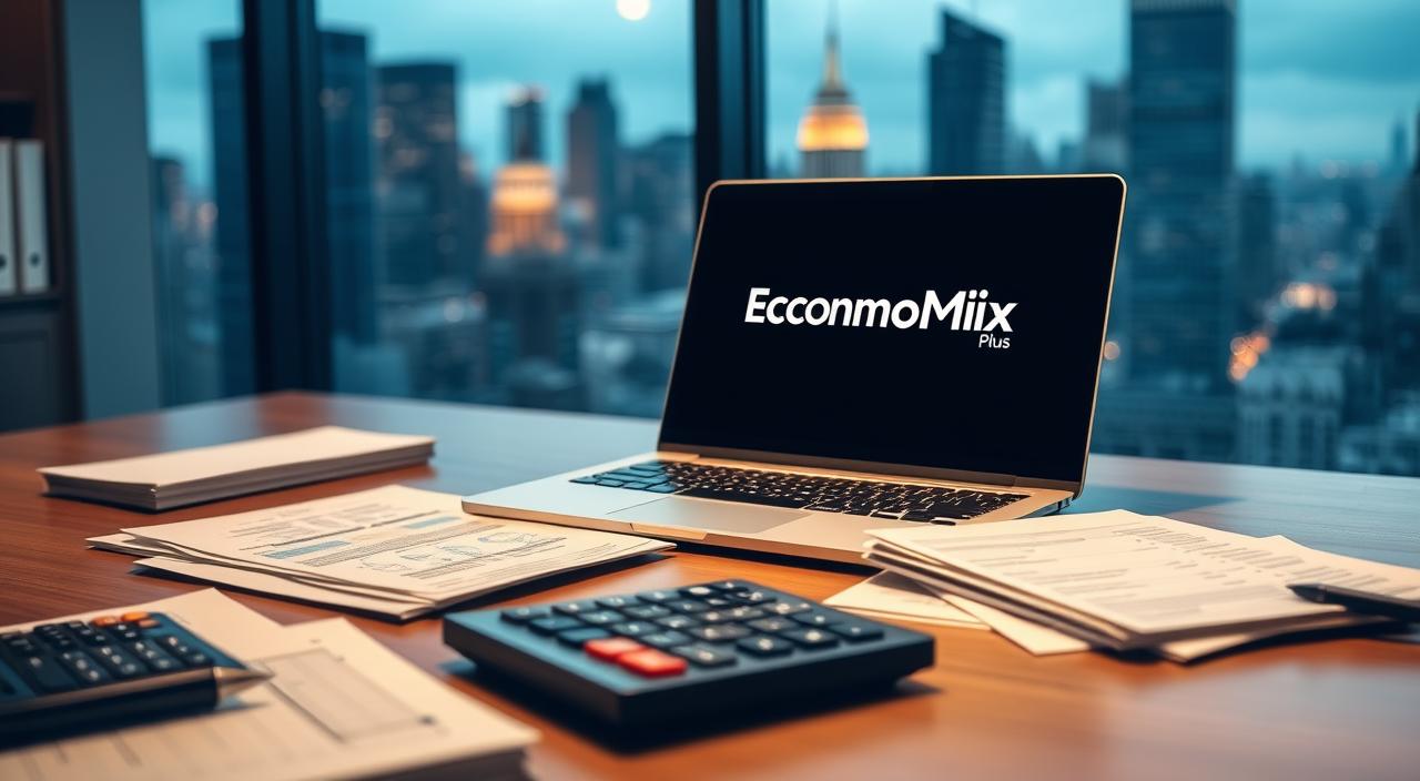 An office desk with a laptop, calculator, and various financial documents carefully arranged. The lighting is warm and focused, creating a sense of seriousness and concentration. In the background, a window overlooks a bustling cityscape, symbolizing the larger economic landscape. The EconoMix Plus logo is prominently displayed on the laptop screen, providing a subtle branding element. The overall mood is one of thoughtful assessment and strategic planning.