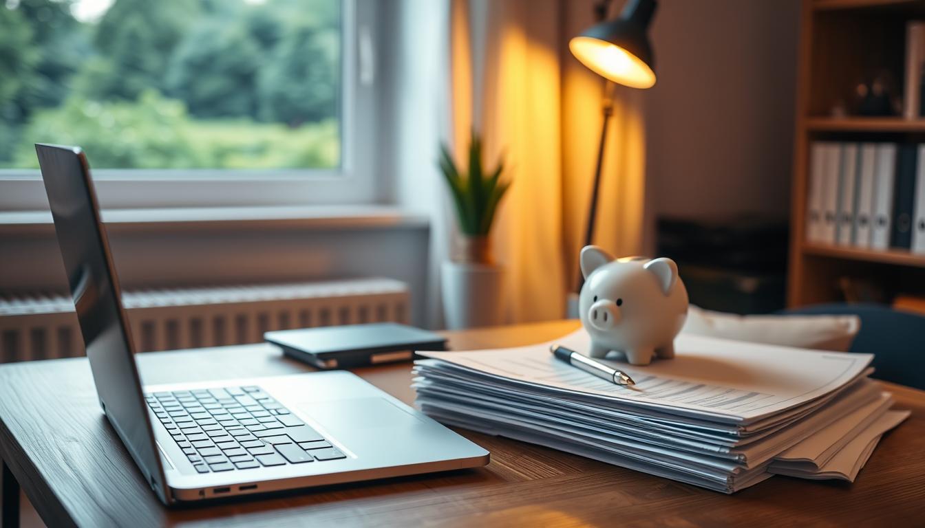 A tranquil home office setting with an open laptop, a stack of financial documents, a pen, and a piggy bank on a wooden desk. Soft, warm lighting illuminates the scene, creating a cozy and contemplative atmosphere. In the background, a window overlooks a lush, verdant landscape, symbolizing the long-term growth and stability associated with effective budgeting strategies. The overall composition conveys a sense of financial organization, diligence, and the potential for a secure financial future through disciplined saving.