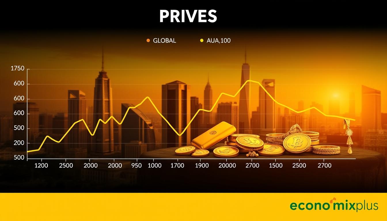 A sleek, modern infographic contrasting the current gold prices in major global and local markets. The foreground features a clean, minimalist graph with lines and bars highlighting the price fluctuations, rendered in a bold, metallic gold hue. The middle ground showcases various gold bullion, coins, and jewelry pieces, captured in crisp detail under warm, directional lighting. The background depicts a cityscape with towering skyscrapers, reflecting the global nature of the gold trade. The overall atmosphere conveys a sense of financial authority and sophistication. A subtle EconoMix Plus logo discreetly appears in the bottom corner.