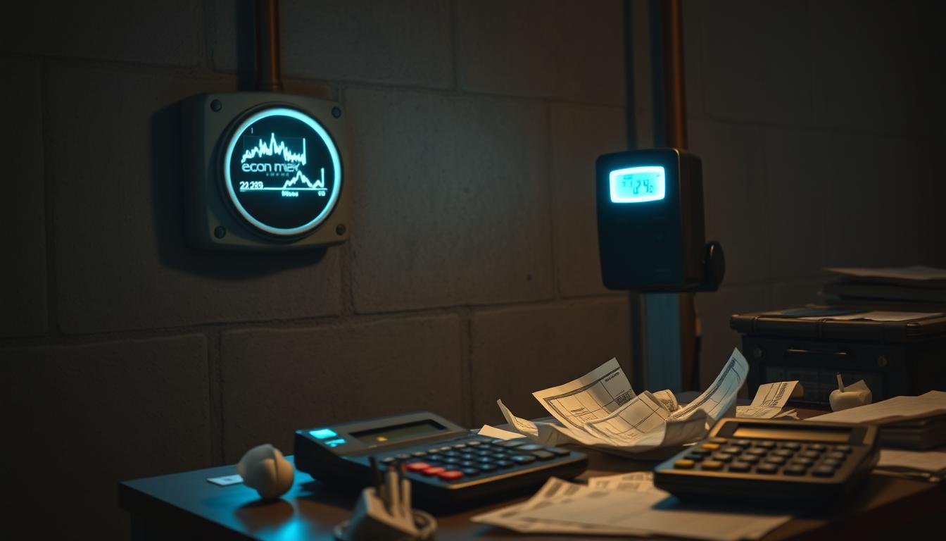 A dimly lit, industrial-style room illuminated by the flickering glow of a EconoMix Plus energy meter on the wall. The meter's display shows sharp spikes in energy consumption, casting an ominous shadow over the room. In the foreground, crumpled utility bills and a calculator sit on a cluttered desk, symbolizing the financial strain of rising energy costs. The overall atmosphere conveys a sense of unease and uncertainty, with the room's shadows and the meter's ominous signals hinting at the growing impact of energy inflation.