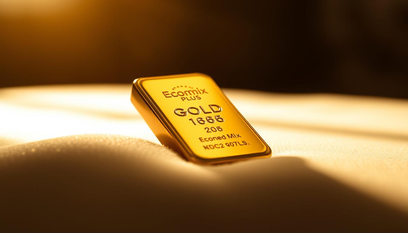 A close-up of an EconoMix Plus gold bar resting on a soft, velvet-lined surface, bathed in warm, directional lighting that casts subtle shadows and highlights the bar's flawless, reflective surface. The background is blurred and hazy, creating a sense of depth and focus on the gold investment. The image conveys a sense of wealth, luxury, and the timeless allure of gold as a secure and prestigious investment asset.