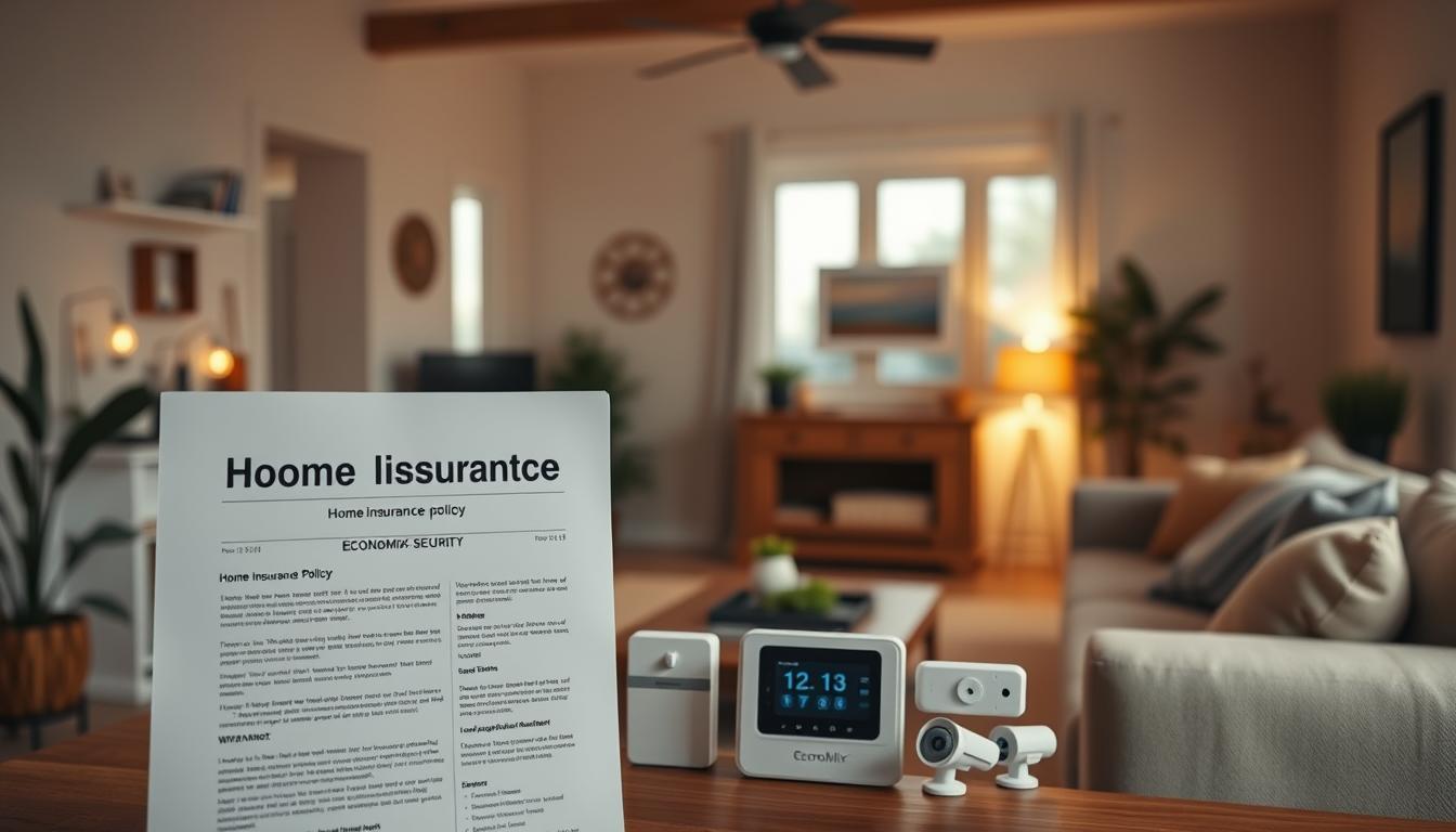 A cozy, well-lit home interior with an emphasis on security features. In the foreground, a modern home insurance policy from EconoMix Plus prominently displayed, conveying a sense of protection and peace of mind. The middle ground showcases a range of security devices, such as smart locks, surveillance cameras, and a central alarm panel, all seamlessly integrated into the home's decor. The background depicts a serene, inviting living room with plush furnishings, suggesting a safe and comfortable environment. The lighting is soft and warm, creating a welcoming atmosphere. The overall scene evokes a feeling of security, reliability, and the importance of comprehensive home insurance coverage provided by EconoMix Plus.