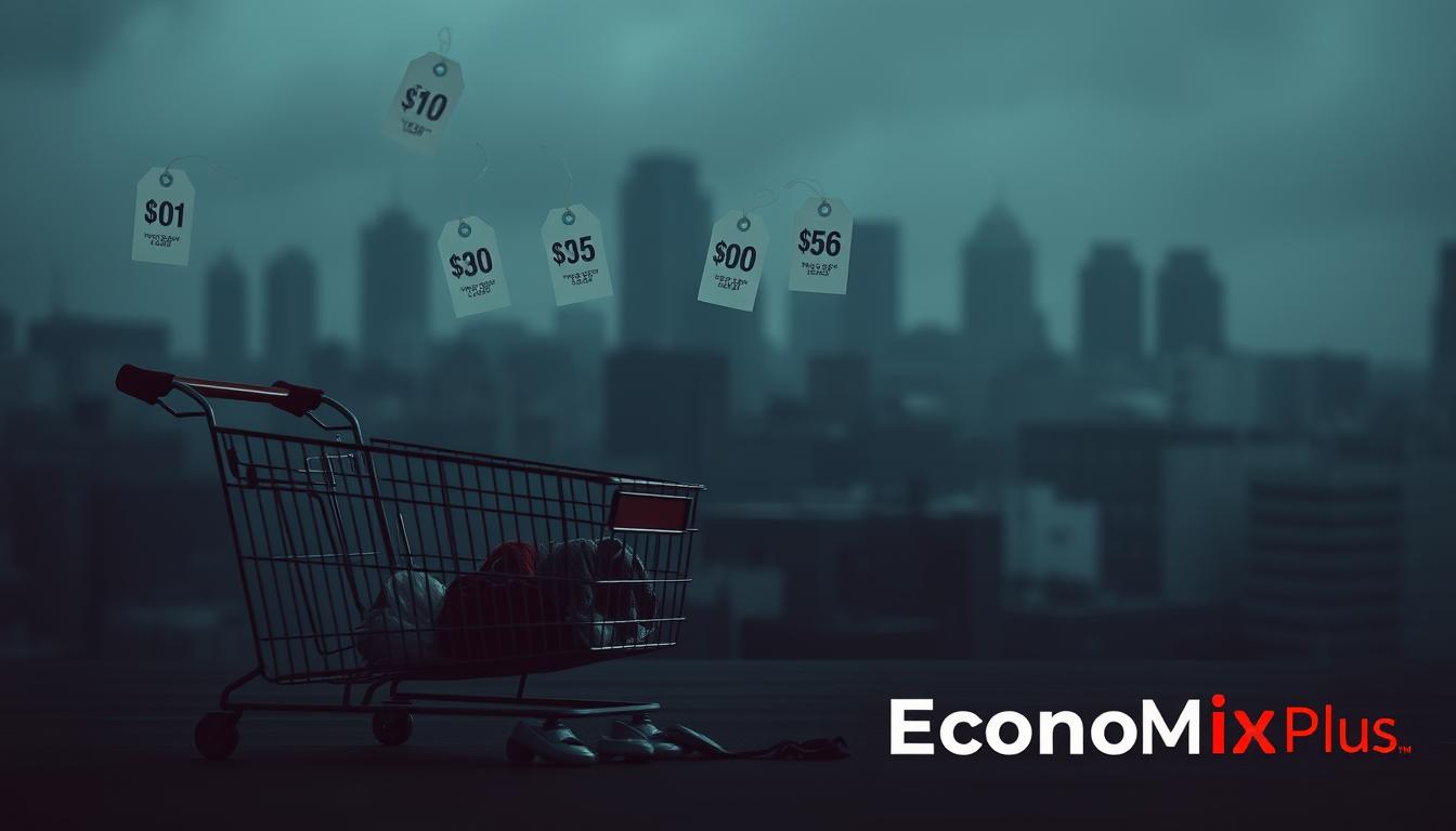 A gloomy, dimly lit scene depicting the impact of a recession on consumer prices. In the foreground, a shopping cart sits abandoned, its contents spilling out - a metaphor for the reduced purchasing power of consumers during an economic downturn. In the middle ground, a series of price tags on various household items float in the air, their numbers gradually increasing, symbolizing the rise in consumer prices. In the background, a hazy, blurred cityscape conveys the broader economic uncertainty. Soft, muted colors and dramatic shadows create an atmosphere of unease and financial strain. The brand "EconoMix Plus" is subtly integrated into the scene, suggesting a possible financial solution.