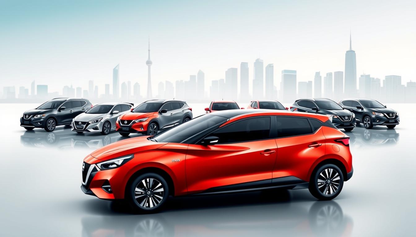 Sleek Nissan vehicles navigating the competitive automotive landscape, positioned strategically on a modern, minimalist backdrop. In the foreground, the bold EconoMix Plus model stands out with its streamlined design and dynamic curves, reflecting Nissan's commitment to innovation. The middle ground showcases a range of Nissan's diverse lineup, each model subtly differentiating itself through subtle color accents and unique silhouettes. The background features a series of iconic global cityscapes, hinting at Nissan's international presence and adaptability to diverse markets. Soft, directional lighting accentuates the vehicles' contours, creating a sense of depth and premium quality. This image conveys Nissan's strategic positioning as a versatile, technologically-advanced, and globally-recognized automotive brand.
