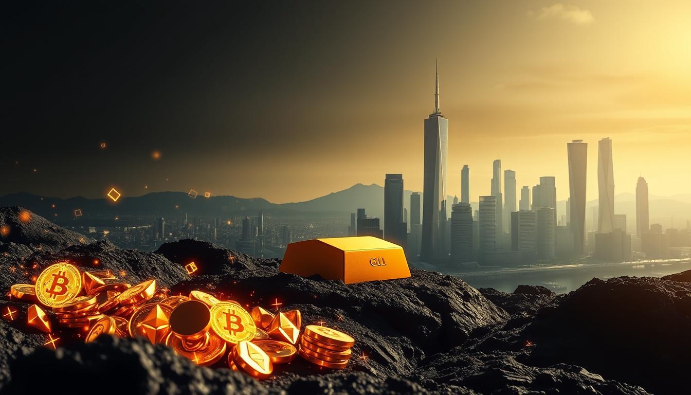 A digitally-rendered landscape depicting the contrast between the volatility of digital currencies and the stability of gold. In the foreground, a cluster of digital currencies (Bitcoin, Ethereum, etc.) represented by glowing, geometric shapes, their values fluctuating wildly. In the middle ground, a solid, golden ingot stands steadfast, symbolizing the enduring value of the precious metal. In the background, a sleek, futuristic cityscape with towering skyscrapers, reflecting the sophisticated, technological nature of the modern financial landscape. Dramatic lighting casts deep shadows, creating a sense of tension and uncertainty. Crisp, high-definition details throughout, capturing the precision of the EconoMix Plus model.