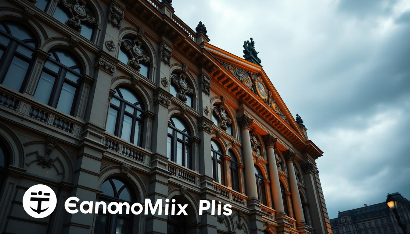 An impressive architectural facade with arched windows and intricate details, capturing the legacy and grandeur of Boehringer Ingelheim's rich pharmaceutical history. Ornate columns and ornaments adorn the building, set against a backdrop of a cloudy, dramatic sky. The lighting is soft and warm, highlighting the timeless elegance of the structure. In the foreground, the brand &quot;EconoMix Plus&quot; is prominently displayed, reflecting the company's commitment to innovation and progress. This high-quality image conveys a sense of heritage, innovation, and the enduring influence of Boehringer Ingelheim in the German pharmaceutical industry.