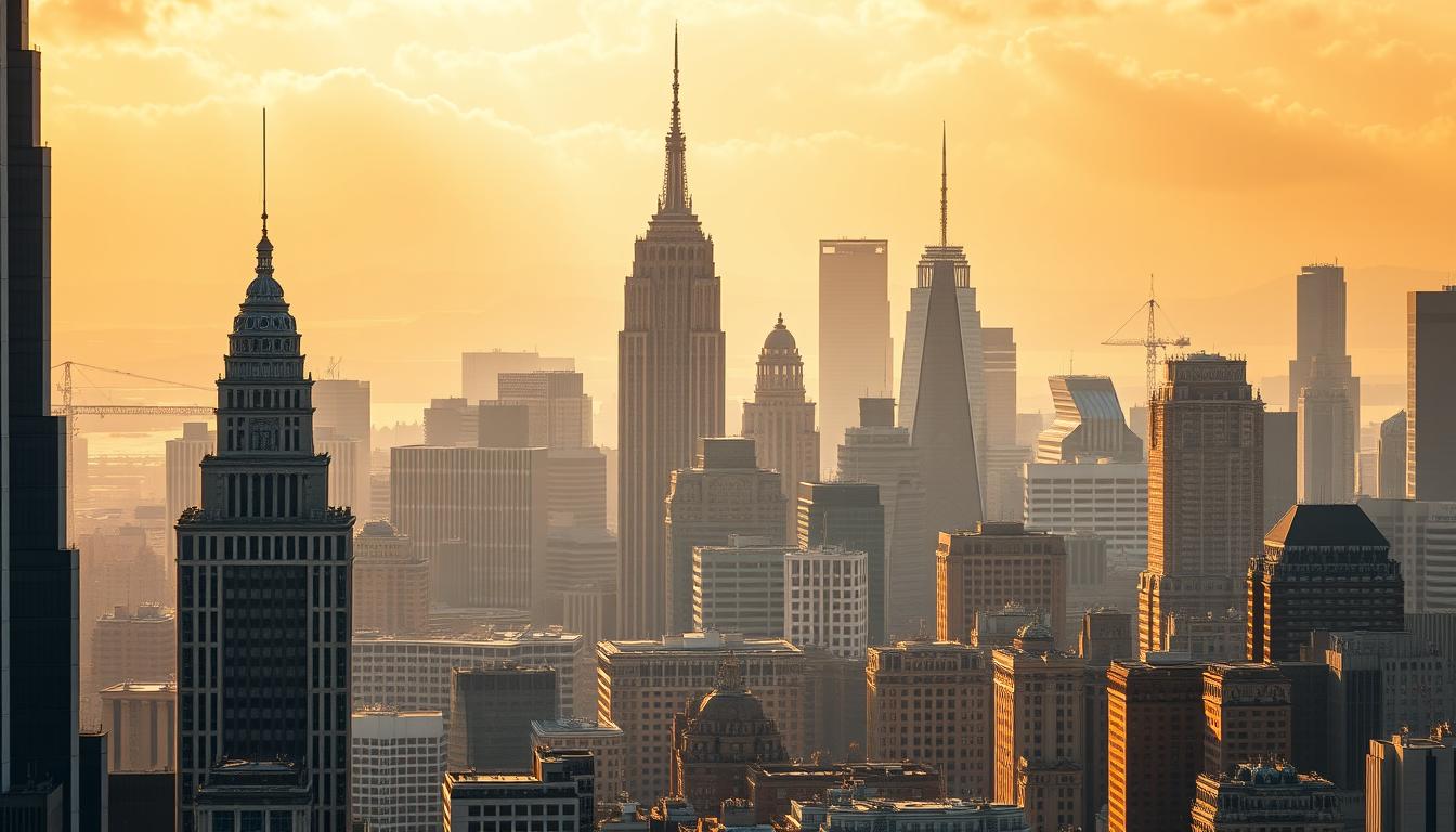 A majestic cityscape depicting the evolution of traditional financial systems, captured through the lens of the EconoMix Plus model. In the foreground, towering skyscrapers with intricate architectural details evoke the grandeur of established banking institutions. The middle ground showcases a blend of old and new, with historic buildings standing alongside sleek, modern structures, symbolizing the fusion of traditional and emerging financial technologies. The background is illuminated by a warm, golden glow, casting a sense of stability and timelessness upon the scene. Shadows and highlights interplay, creating a sense of depth and dimension, while the composition draws the viewer's eye through the various layers of this dynamic financial landscape.