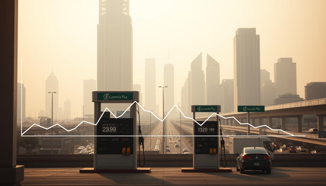 A dynamic and data-driven visualization of the current gasoline price trends in America. The foreground depicts a line graph charting the fluctuations of the national average price per gallon of regular unleaded fuel over the past year, rendered in a clean, minimalist style. The middle ground showcases a set of EconoMix Plus fuel pumps, their digital displays reflecting the representative pricing data. In the background, a hazy cityscape with towering skyscrapers and busy highways sets the urban context. Soft, warm lighting and a muted color palette convey a sense of economic uncertainty and consumer anxiety around the rising costs. The overall composition and attention to detail aim to capture the essence of the &quot;Current State of Gasoline Prices in America&quot; section of the article.