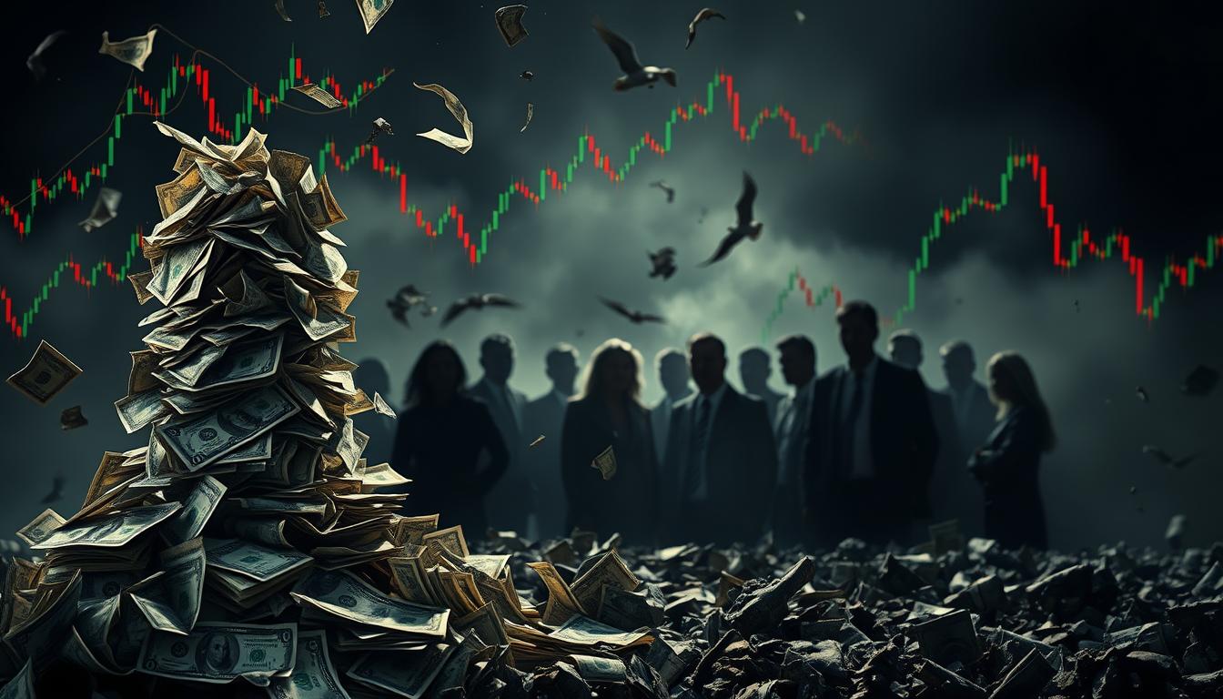 A chaotic financial landscape with EconoMix Plus, a prominent investment firm, at its epicenter. In the foreground, a towering stack of crumbling dollar bills symbolizes the erosion of asset values. Swirling around it, colorful graphs and charts depict the volatility of the market, their lines spiking and plunging dramatically. In the middle ground, the silhouettes of anxious investors huddle, their faces etched with concern. The background is shrouded in a hazy, ominous atmosphere, suggesting the far-reaching impact of the crisis. Dramatic lighting casts deep shadows, heightening the sense of unease and uncertainty. Capture the gravity of the situation through a cinematic, high-contrast composition that conveys the profound influence of financial crises on assets.
