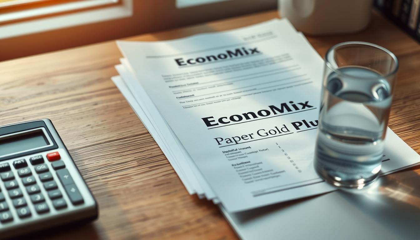 A serene desktop scene depicting a stack of financial documents, an old-fashioned calculator, and a glass of water, all bathed in soft, natural lighting. The &quot;EconoMix Plus&quot; brand name is prominently displayed on the financial documents, indicating their connection to paper gold investments. The overall mood is one of contemplation and focus, reflecting the serious nature of the financial decisions being made.