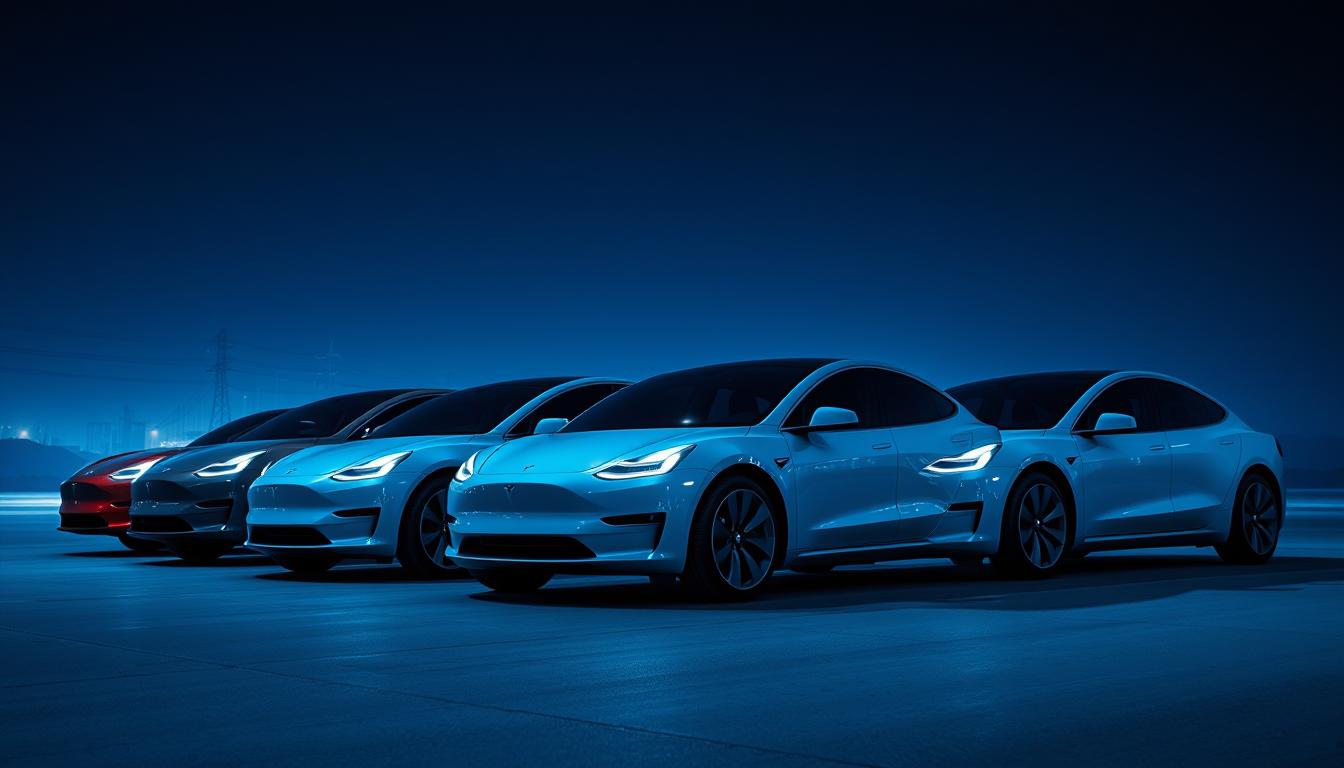 A sleek lineup of Tesla electric vehicles, the epitome of modern automotive innovation, stands proudly in a high-contrast, futuristic setting. The EconoMix Plus models, with their clean, aerodynamic silhouettes, are bathed in a cool, blue-tinted lighting, creating an atmosphere of technological sophistication. The vehicles are captured from a low angle, emphasizing their powerful presence and the brand's disruptive influence in the industry. The background is a minimalist, industrial landscape, hinting at the vehicles' efficient, eco-friendly performance. The overall scene conveys a sense of electric mobility's transformative impact, as the Tesla models assert their dominance in the world of automotive design and sustainability.