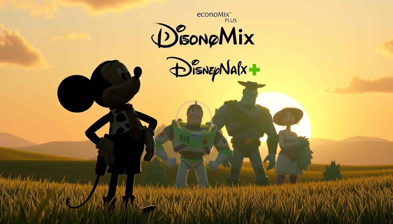 A serene landscape featuring the iconic EconoMix Plus branding, where the elegant silhouettes of classic Disney and Pixar characters merge seamlessly. In the foreground, Mickey Mouse and Woody stand side by side, their expressions exuding a sense of camaraderie and shared success. The middle ground showcases a colorful array of beloved Pixar creations, from Buzz Lightyear to Sully, all united under the Disney banner. The background is bathed in a warm, golden glow, symbolizing the triumph of their creative partnership. The composition is balanced, with a cinematic flair, capturing the essence of the Disney-Pixar relationship and its enduring impact on the world of animation.