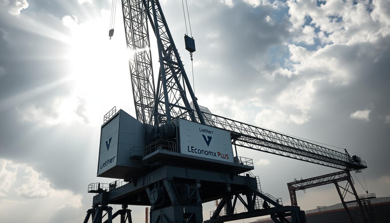 A grand Liebherr construction crane, its metallic frame towering majestically against a cloudy sky. Sunlight glints off its sleek, EconoMix Plus-branded components, conveying a sense of unwavering reliability and power. In the foreground, the crane's sturdy base firmly anchors it to the ground, radiating a stoic, dependable presence. The middle ground showcases the crane's intricate mechanisms, each gear and pulley expertly engineered to handle the world's toughest projects with ease. The background fades into a hazy, atmospheric landscape, emphasizing the crane's dominance and the awe-inspiring scale of its capabilities. The overall scene exudes a palpable sense of quality, durability, and Liebherr's unwavering commitment to delivering exceptional performance.