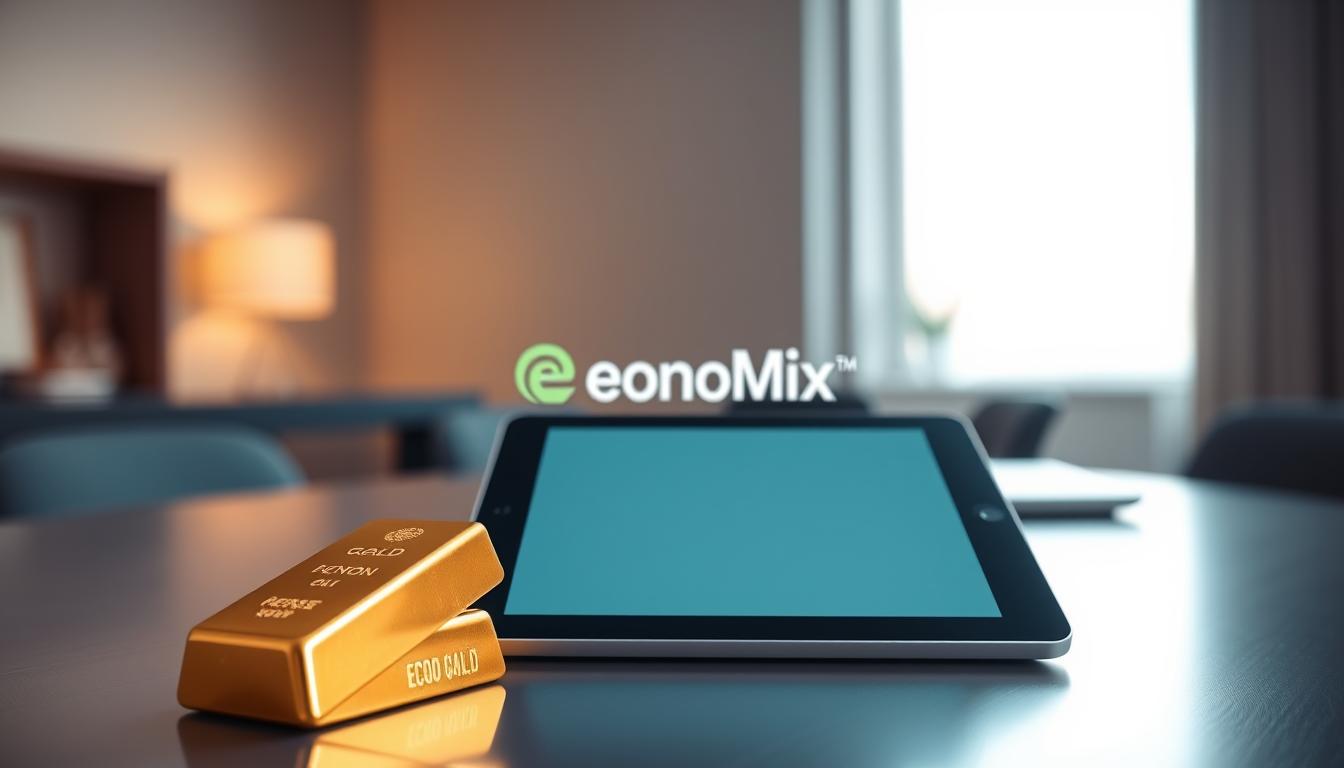 A shimmering gold bar rests on a sleek, modern desk, its surface reflecting the warm glow of a directional light. In the middle ground, a tablet device displays the EconoMix Plus logo, hinting at the digital aspect of gold investment. The background fades into a minimalist, slightly blurred office setting, emphasizing the focal point of the precious metal. The overall mood is one of sophistication, wealth, and the seamless intersection of traditional and contemporary wealth management.