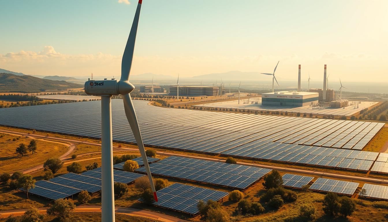 A detailed illustration of Shell's energy transition plans, showcasing a sophisticated technological landscape. In the foreground, a sleek, futuristic &quot;EconoMix Plus&quot; wind turbine stands tall, its blades gracefully turning in a gentle breeze. In the middle ground, a sprawling solar farm with rows of efficient photovoltaic panels stretches out, harnessing the power of the sun. In the background, a modern, low-emission gas-fired power plant emerges, a symbol of Shell's commitment to cleaner energy sources. The scene is bathed in warm, golden light, conveying a sense of progress and innovation. The image reflects Shell's strategic vision to diversify its energy portfolio and adapt to a post-oil economy.
