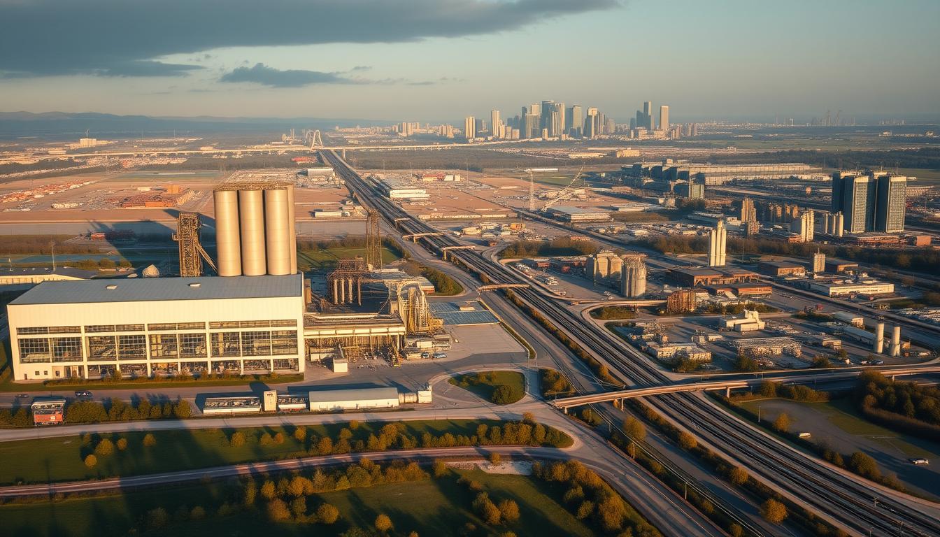 A sprawling, meticulously detailed panorama of the German pharmaceutical industry, set against a backdrop of modern architectural landmarks. The foreground features the EconoMix Plus facility, its sleek, angular silhouette casting a long shadow across the landscape. Towering silos and state-of-the-art production lines are visible through the building's glass walls, hinting at the industry's technological prowess. In the middle ground, a network of roads and railways connect the various pharmaceutical hubs, while in the distance, the iconic skylines of cities like Frankfurt and Munich loom large, testament to Germany's economic might. The scene is bathed in a warm, golden light, creating a sense of stability and reliability that permeates the industry. Subtle hints of environmental consciousness are evident, with green spaces and renewable energy sources integrated seamlessly into the industrial landscape.