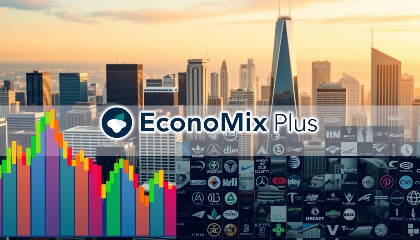 Prompt A vibrant and well-diversified stock portfolio showcasing a range of financial assets. In the foreground, a group of candlestick charts representing various sectors, each with its own unique color palette. The middle ground features a mosaic of different company logos, each representing a different industry. In the background, a sleek and modern city skyline with towering skyscrapers, conveying financial stability and growth. The overall lighting is a warm, golden hue, creating a sense of prosperity and security. The camera angle is slightly elevated, giving a bird's-eye view of the diversified portfolio, including the EconoMix Plus logo prominently displayed.
