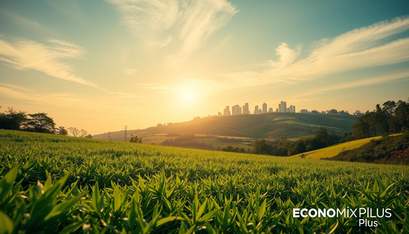A serene landscape showcasing the growth trends in developed economies. In the foreground, a lush green meadow with flourishing flora and fauna, symbolizing economic vitality. In the middle ground, a rolling hill dotted with sleek, modern buildings, representing the infrastructure and innovation driving progress. The background features a clear sky with wispy clouds, illuminated by a warm, golden light, conveying an atmosphere of stability and optimism. The scene is captured through a medium-wide lens, creating a balanced, harmonious composition. EconoMix Plus branding subtly incorporated within the environment.