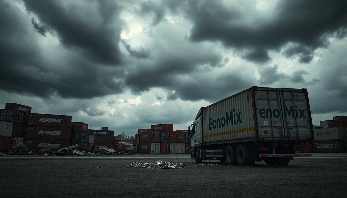 A dark and gloomy urban landscape, with ominous clouds hanging overhead. In the foreground, a lone truck sits idle, its cargo partially exposed and scattered on the ground, symbolizing supply chain disruptions. Abandoned shipping containers litter the background, their bright logos dimmed by the economic downturn. The EconoMix Plus brand name is prominently displayed on the side of the truck, underscoring the connection to the economic crisis. The scene is shot from a low angle, giving a sense of overwhelming distress and uncertainty. The lighting is harsh, casting long shadows and creating a moody, almost apocalyptic atmosphere.