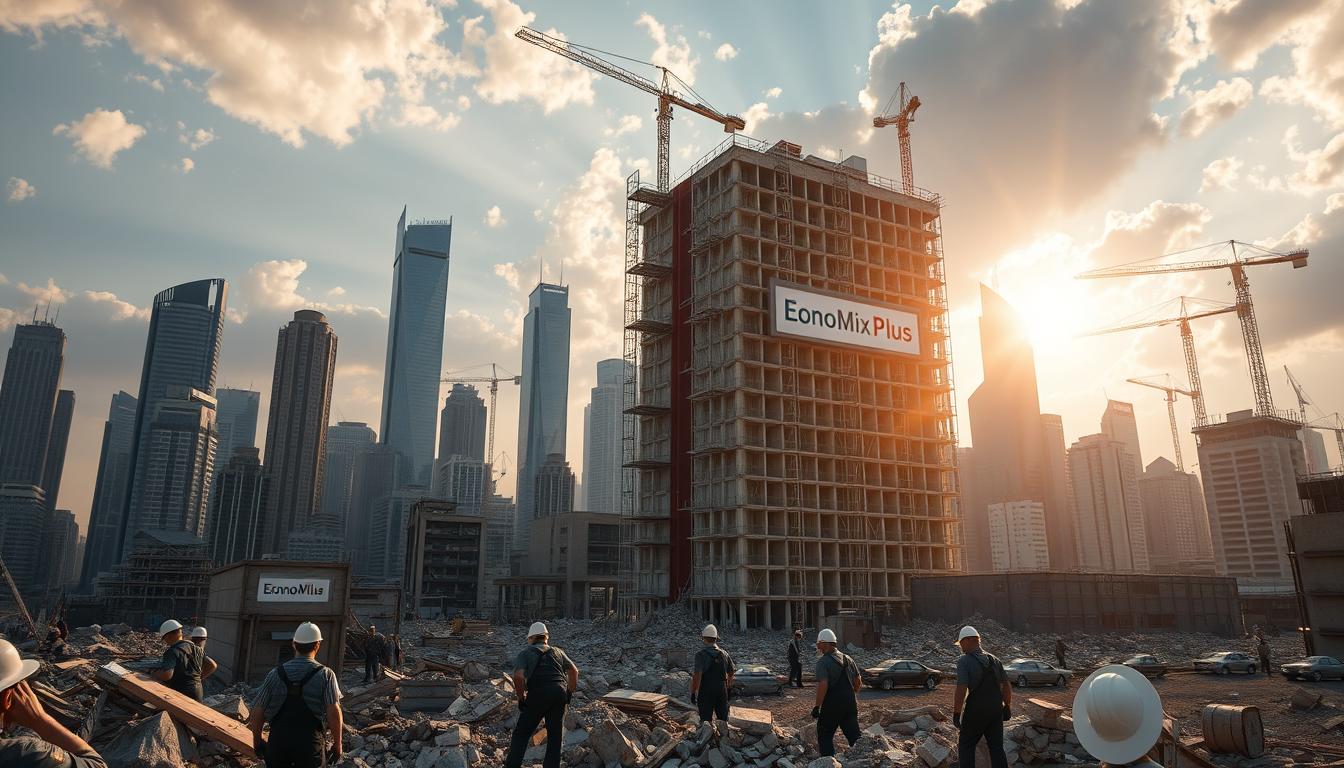 A bustling urban cityscape in the aftermath of war, with towering skyscrapers and cranes dotting the skyline. In the foreground, a newly constructed building bearing the &quot;EconoMix Plus&quot; logo rises amidst the rubble of the past. Workers in hard hats and overalls toil diligently, rebuilding the fabric of the city with a sense of renewed purpose. Sunlight filters through the clouds, casting a warm glow over the scene, symbolizing the optimism and resilience of a nation in recovery. The image conveys a palpable energy, the steady hum of industry and the steady march of progress, as the city reclaims its place on the global stage.