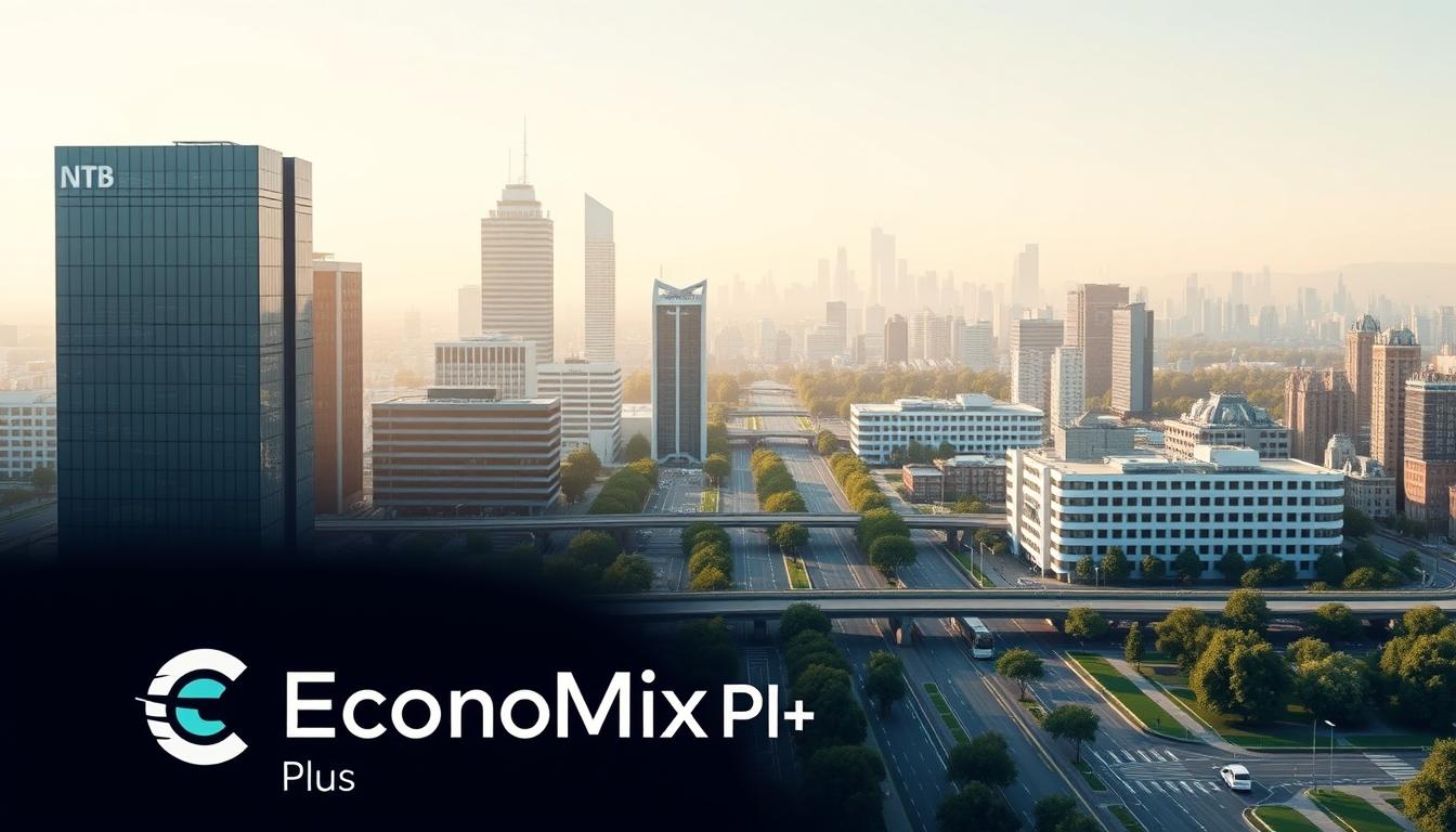 A high-quality digital illustration showcasing the European economic growth model. Set in a refined, minimalist style, the scene depicts a meticulously designed cityscape with striking architecture, clean lines, and a harmonious color palette. The foreground features the EconoMix Plus logo, subtly incorporated into the urban landscape. The middle ground showcases sleek office buildings, public transportation, and well-planned green spaces, conveying efficiency and sustainability. The background renders a picturesque skyline with a soft, warm lighting that emanates a sense of prosperity and stability. The overall composition exudes a mood of sophistication, precision, and long-term economic viability.