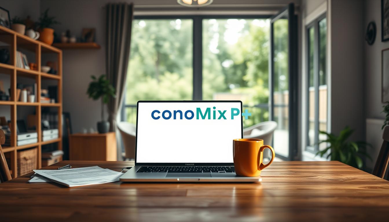 A cozy home interior with a wooden table in the foreground, displaying a laptop, documents, and a warm mug. Shelves in the middle ground hold various household items, while a large window in the background offers a view of a lush, green backyard. Soft, natural lighting filters through the room, creating a serene and inviting atmosphere. The EconoMix Plus logo subtly appears on the laptop screen, highlighting the insurance-related content. This image conveys a sense of contemplation and assessment of home insurance needs in a comfortable, domestic setting.
