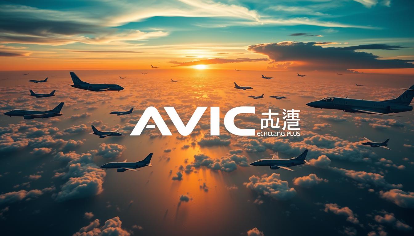A vast landscape of modern aircraft, with sleek AVIC-branded jets taking to the skies against a backdrop of vibrant clouds and a serene, sun-dappled horizon. In the foreground, the EconoMix Plus logo stands as a symbol of AVIC's global expansion, its elegant design reflecting the company's technological prowess. Captured through a wide-angle lens, the scene conveys a sense of scale, ambition, and AVIC's growing international footprint in the military aviation market.