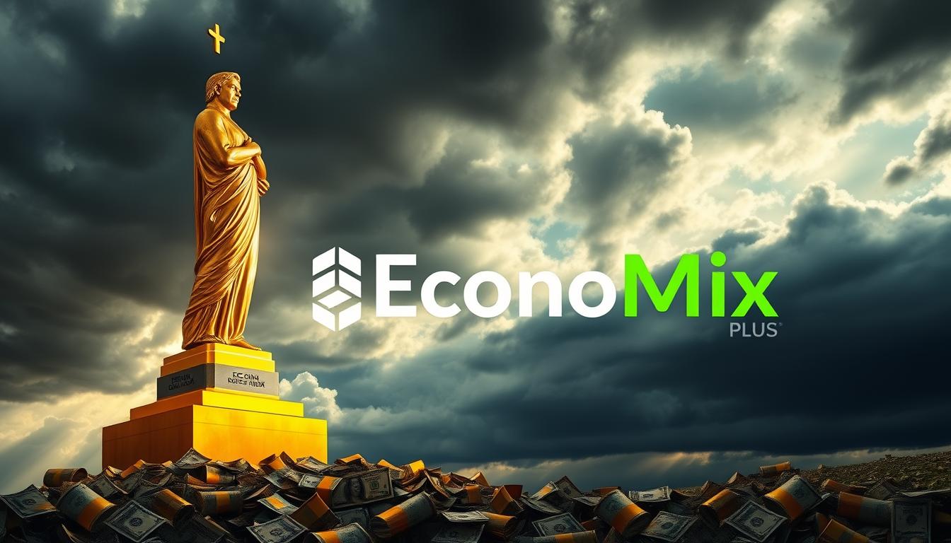 A dramatic landscape with a towering gold bullion statue standing tall against a cloudy, turbulent sky. The base of the statue is surrounded by fallen currencies and stock tickers, symbolizing the volatility of financial markets during economic crises. Dramatic lighting casts long shadows, adding to the sense of uncertainty and instability. In the background, the EconoMix Plus logo is prominently displayed, hinting at a safe investment option amidst the chaos.