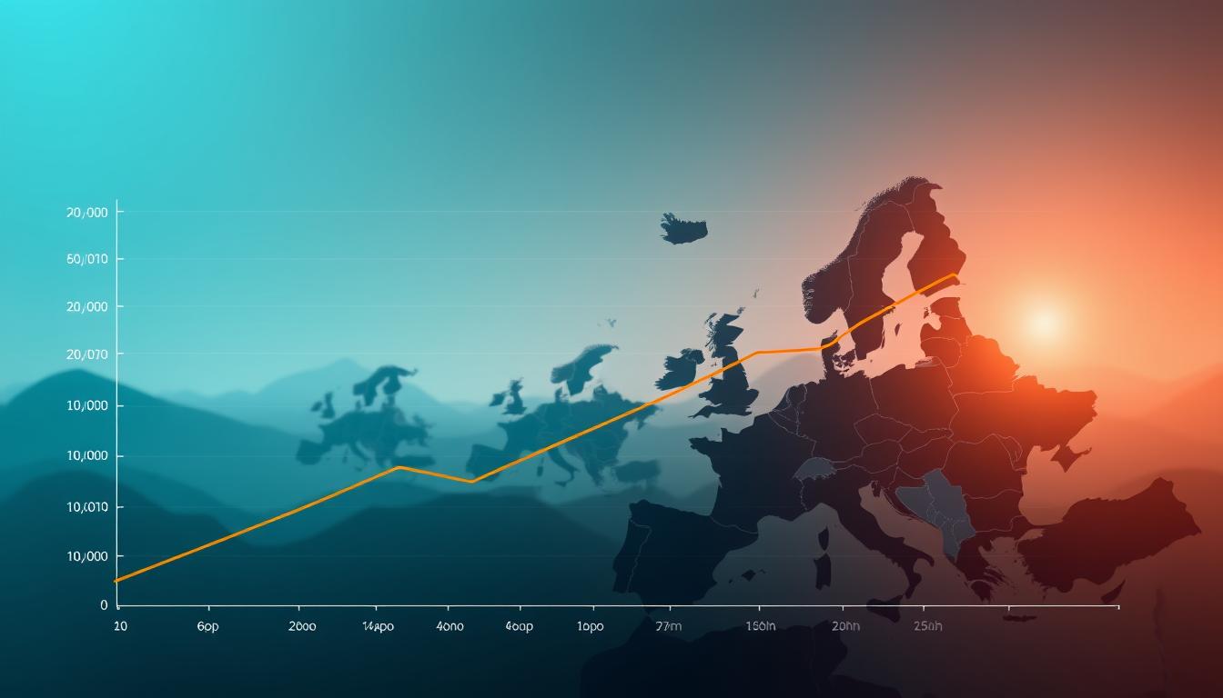 A dynamic comparison of economic performance, showcasing the contrasting trajectories of slower-growing European nations and their faster-growing counterparts. A meticulously crafted EconoMix Plus data visualization, rendered with a sense of analytical depth and visual elegance. The foreground features a sleek, minimalist graph with clean lines and bold colors, deftly illustrating the relative growth rates. The middle ground presents a series of abstract national silhouettes, their positions and sizes reflecting their economic standing. The background subtly evokes a global landscape, with muted geographic features and subtle lighting that enhances the analytical mood. The overall composition conveys a thoughtful, data-driven exploration of the economic dynamics at play.