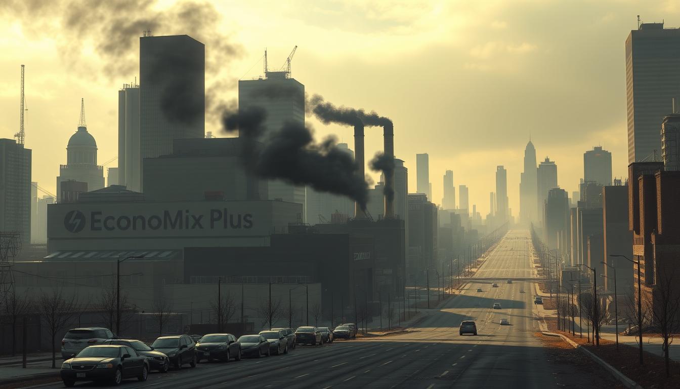 A sprawling cityscape with towering skyscrapers, casting long shadows on a gloomy, overcast day. The streets are eerily empty, with only a few abandoned cars and litter blowing in the chilly wind. In the foreground, a large, ominous-looking factory with smokestacks belching thick, black smoke symbolizes the decline of industrial production. The EconoMix Plus logo is prominently displayed on the factory's facade, underscoring the economic forces behind the deflationary environment. The overall mood is one of economic stagnation, uncertainty, and a sense of foreboding.