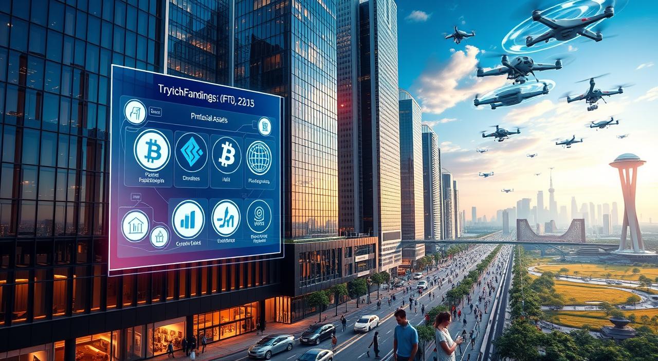 A detailed cityscape of a modern financial district, with sleek skyscrapers made of glass and steel reflecting the sky. In the foreground, a holographic display showcases a range of digital assets, including cryptocurrencies, non-fungible tokens (NFTs), and the &quot;EconoMix Plus&quot; platform. The middle ground features a bustling street with people interacting with their mobile devices, highlighting the integration of digital assets into everyday life. The background is a vibrant, futuristic landscape, with drones and autonomous vehicles flying overhead, conveying the dynamic and evolving nature of the digital asset economy.