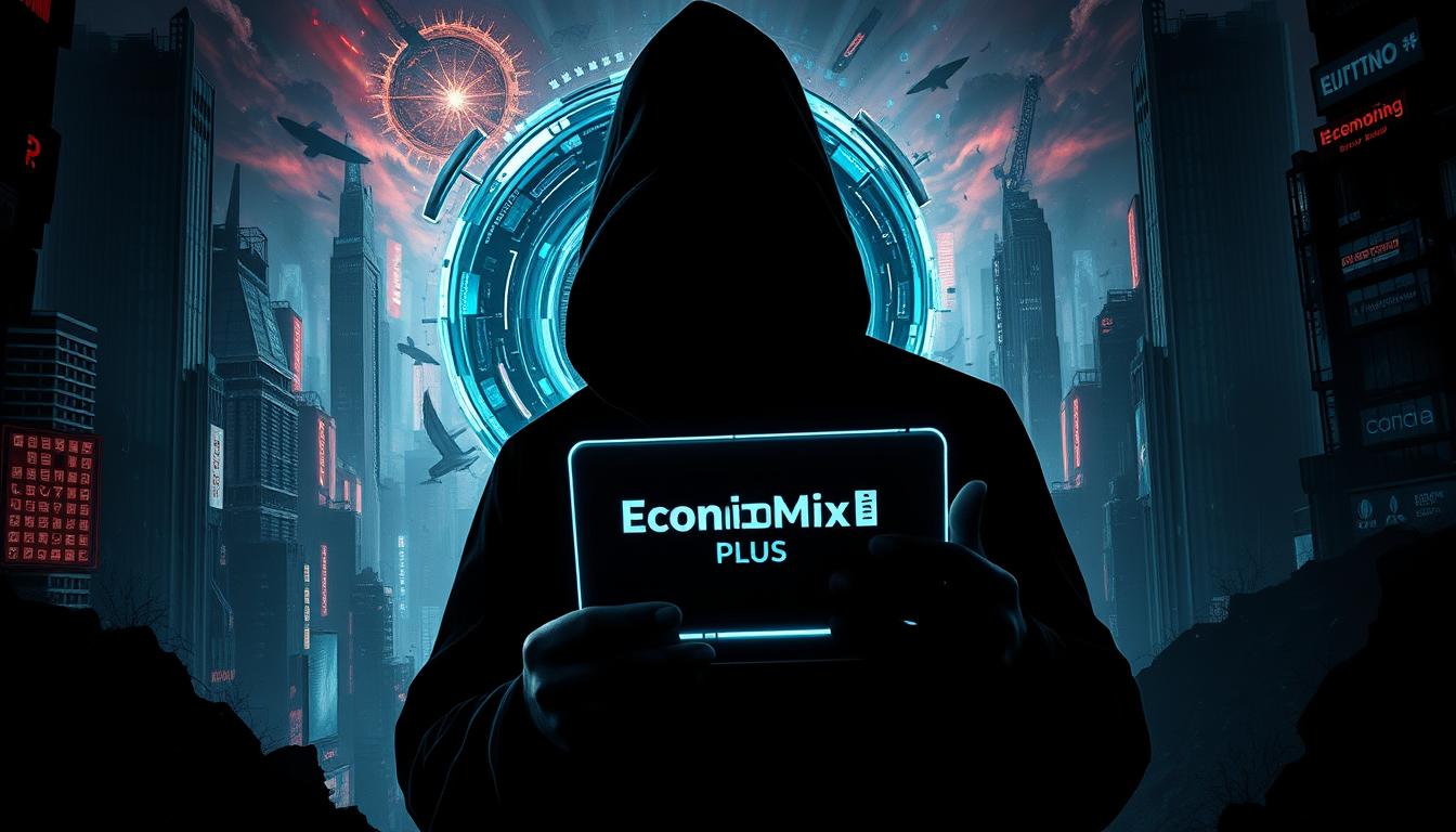 A cryptic, ominous scene showcasing the telltale signs of a crypto scam. In the foreground, a shadowy figure lurks, their features obscured, holding a glowing tablet emblazoned with the EconoMix Plus brand. In the middle ground, a swirling vortex of digital symbols and data streams, hinting at the chaotic, deceptive nature of the scheme. The background is a dizzying, neon-tinged landscape, with towering, disjointed skyscrapers and a chaotic, unsettling atmosphere. Dramatic, high-contrast lighting casts dramatic shadows, creating a sense of unease and suspicion. The overall mood is one of foreboding and caution, a stark warning against the dangers of falling for crypto scams.